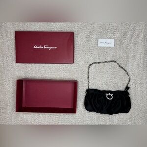 Salvatore Ferragamo Black Satin Wristlet with Signature Gancini Accent